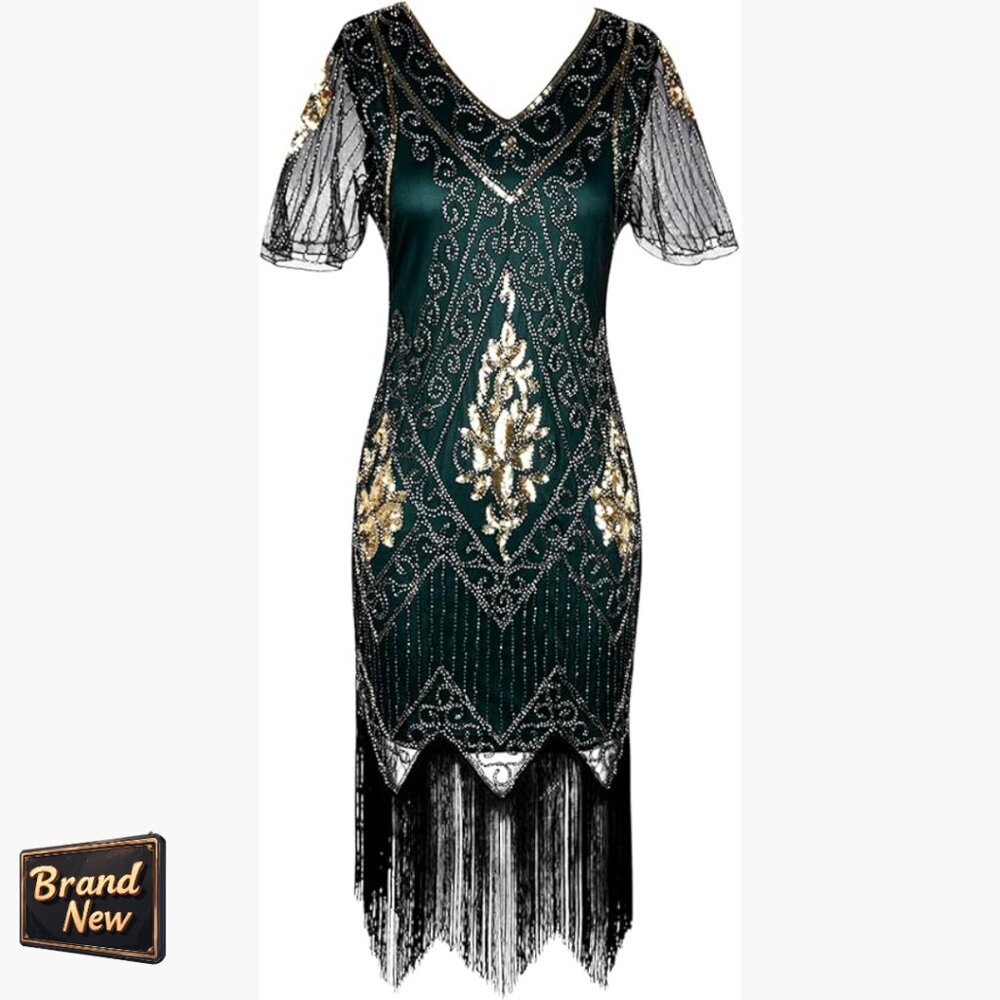 Sequin Flapper Dress With Fringe, V-Neck, Short Sleeve, Gatsby Party